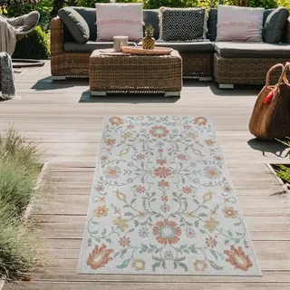 Teppich Outdoor Wohnzimmerteppich creme mit buntem Blumenmuster Größe - 80 x 150 cm - Creme, Bunt