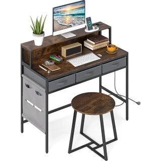 COSTWAY Computertisch mit Hocker & Steckdosen, Computerschreibtisch mit Monitorständer, Schubladen & Seitentaschen, Schminktisch Schreibtisch Braun - Braun