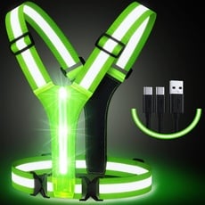 Simket Laufweste Reflektorweste Warnweste, LED Wiederaufladbare USB Lauflicht, Elastische Verstellbare Leuchtweste für Joggen Wandern oder Radfahren in der Nach (Green)