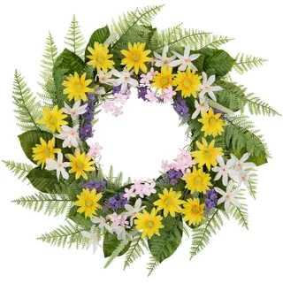 Arborus Künstlicher Türkranz 55 CM Künstliche Blumen Kamille Kunstblume Frühling Deko Künstliche Blumenkranz Künstliche Frühlingblume Künstlicher Farn Dekorativ Kranz Wandkranz für Tür Wand Tisch Deko