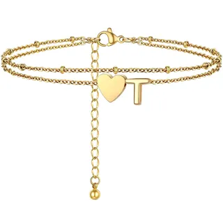 PROSTEEL Gold Fußkette für damen, Doppelte Herz Fußkettchen mit Buchstabe A-Z, 18k Vergoldet Fußschmuck für Mädchen Frauen