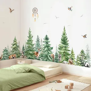 decalmile Wandtattoo Baum Große Kiefer Wandaufkleber Waldtiere Hirsch Bär Fuchs Wandsticker Kinderzimmer Wohnzimmer Schlafzimmer Wanddeko