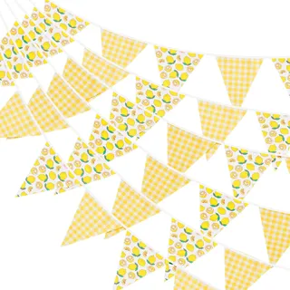 G2PLUS 12m Zitrone Wimpelkette Kinderzimmer: Gelb Weiß Girlanden Hawaii | 42 Stück Karierter Girlande Stoff,15x19cm Sommer Wimpeln Girlande für Zitrone Themen Geburtstagsparty, Taufparty, Garten