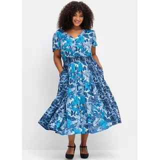 Blusenkleid SHEEGO BY JOE BROWNS "Kleid", Damen, Gr. 54, Normalgrößen, blau (blau gemustert), 100% Viskose, bedruckt, geblümt, gemustert, mehrfarbig, wadenlang, V-Ausschnitt, Kleider Blusenkleid