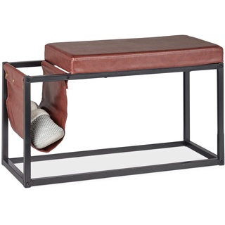 Relaxdays Sitzbank mit Seitentasche, HBT: 42,5 x 77 x 38 cm, Industrial Design, gepolstert, Flurbank, braun/schwarz