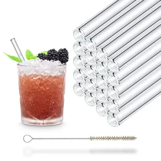 HALM Glas Strohhalme kurz - 20 Stück gerade 15 cm - Glasstrohalme Set Wiederverwendbar + plastik-freie Reinigungsbürste - Glas-Trinkhalme für Cocktail Gläser, Kinder Trinkgläser - Smoothie Strohhalme