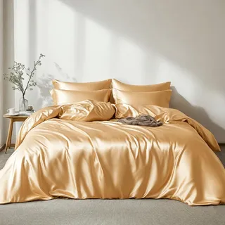 Lanqinglv Satin Bettwäsche Set 135x200 cm Gold Seide Glatt Glanzsatin Luxus Sommerbettwäsche Set Satin Polyester Uni Bettbezug mit Reißverschluss und 1 Kissenbezug 80x80cm