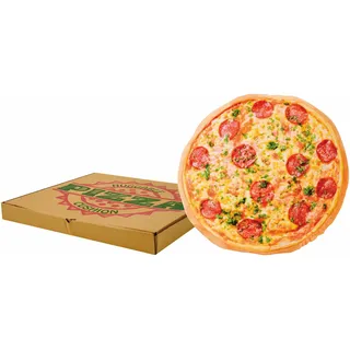 United Labels Pizza Kissen rund, Kopfkissen 40 cm, Sofakissen in Pizzakarton, Dekokissen, lustiges Geschenk für Kinder und Erwachsene