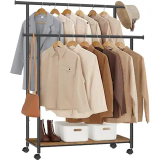 Vintage Braun-Schwarz Kleiderständer - Kleiderständer - Rollender Kleiderschrank - Stahlspanplatte - Schwerlast - Tragbar - 39,6 cm x 98,5 cm x 156,8 cm