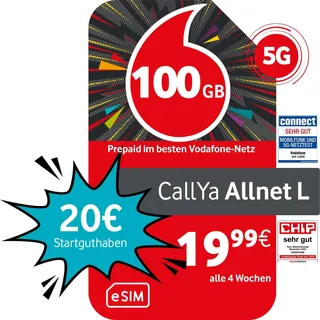 Vodafone Prepaid CallYa Allnet L eSIM | 100 GB | 20 EUR Startguthaben | ohne Vertrag | 5G-Netz | Telefon- SMS-Flat | EU-Roaming