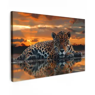 MuchoWow Leinwandbild Natur - Leopard - Tier - Sonnenuntergang - Modern Wanddeko 90x60 cm , Orange , Textil , Kiefer , Rechteckig , 90x60 cm , FSC 100% , gerahmt , Bilder & Rahmen, Bilder, Leinwandbilder