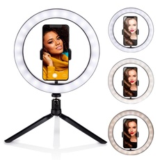 Grundig Ringlicht auf Stativ - Selfie Ringlicht - ⌀ 25 cm - 3 Lichtfarben - 11 Helligkeitsstufen - Flexibler Hals - Bedienung am Kabel - USB aufladbar - Telefonhalter - Stativ - LED Beleuchtung
