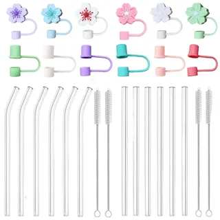 Alihoo Glas Strohhalme mit Trinkhalm Abdeckung,Transparent Trinkhalme Glas,6 Lange Gerade+6 Gebogene Strohhalm+12Silikon Obst Trinkhalm Spitzen (Blumen)