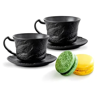 Wilmax - Schwarze Tasse mit Untertasse - 2 Stück - 180 ml - Porzellanbecher - Espressotassen - Teetassen - Kaffeetassen - Kaffeeservice für 2 Personen