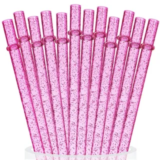 ALINK 12PCS wiederverwendbare rosa Glitzer Strohhalme, 28cm lang Hartplastik Becher Trinkhalme mit Reinigungsbürste