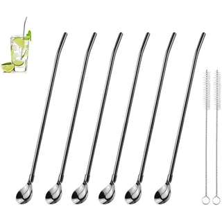 6 Stück Edelstahl Trinkhalm Trinkhalmlöffel lang Löffelstrohhalme Wiederverwendbare Löffelhalme Metalllöffel mit 2 Stück Strohhalm Reinigungsbürste für Smoothies, Milchshakes, Cocktail, Kaffee