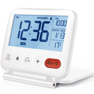 NOKLEAD Mini Digital Wecker - klein modern reisewecker mit temperaturanzeige, Datum, LCD Display, Snooze und Hintergrundbeleuchtung, batteriebetriebener tischuhr für Faltbarer Reise wecker (Weiß)