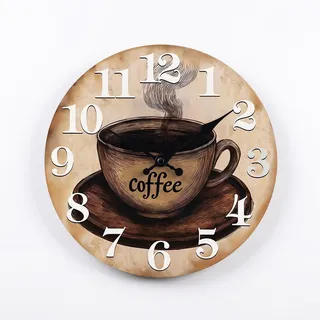 BOFITENG Küchenuhr Wanduhr, 30cm Wand Uhr Holz, Wanduhr ohne Tickgeräusche mit Lautlosem Uhrwerk, Vintage Retro Deko, Kaffee-Thema Wanduhren für Wohnzimmer, Badezimmer, Küche und Esszimmer