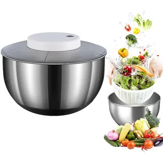 Salatschleuder, 4,5L Edelstahl Salatschleuder Mit Automatischem Schleudern, Rutschfestem Boden & USB-Aufladbar, Obst/Gemüse Trockner Mit Deckel, Groß Salad Spinner Für Salat, Gemüse, Kräuter & Beeren