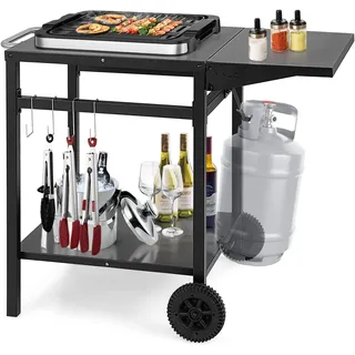 COSTWAY Grillwagen mit klappbarer Tischplatte, Beweglicher Campingtisch mit 2 Ablagen & 4 Haken, Metall Grilltisch für Außenbereich, Rollwagen zum Grillen & Outdoorküche, Zubereitungswagen Schwarz