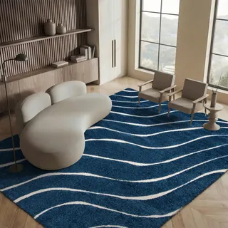 SAFAVIEH Zottelig Teppich für Wohnzimmer, Esszimmer, Schlafzimmer - Florida Shag Collection, Hoher Flor, Dunkelblau und Creme, 244 X 305 cm