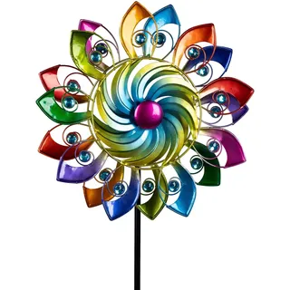 formano Buntes Windrad Blume Garten Metall Windspiel Windmühle 124 cm Gartendeko Blumenstecker Taubenabwehr Vogelabwehr Acryl-Steine Gartenfigur Dekoration Außen Windspiel Metall-Blume