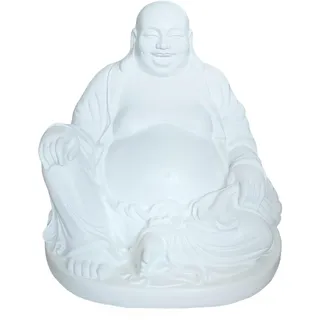 Relaxdays Buddha Figur lachend, 45 cm, Gartenfigur, Vintage Dekofigur Wohnzimmer, wetterfest, frostsicher, weiß