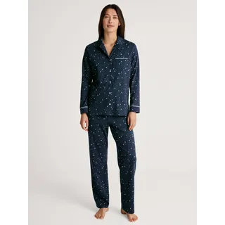 Pyjama CALIDA "Sweet Dreams", Damen, Gr. XS (36/38), blau (peacoat blau), Interlock, Obermaterial: 100% Baumwolle, gemustert, bequem lang, V-Ausschnitt, Homewear-Sets Pyjama, Reverskragen, Knopfleiste, Pure Cotton, Interlock-Qualität, weich