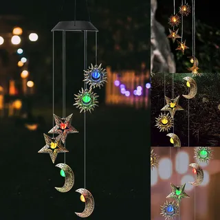 LED Solar Windspiele, Solarleuchten Windspiele für Draußen, Solarleuchten mit Sonne Mond Stern, LED wasserdichte Solarleuchten, Gartenglockenspiel für Außen Balkon Terrasse Party Baum Geschenke