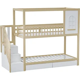 Merax Etagenbett 90x200cm Hausform Stauraum Schubladen Holzfarbe