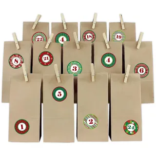 Adventskalender Set Muster Rot-Grün Rund mit Papiertüten und Holzklammern Y067