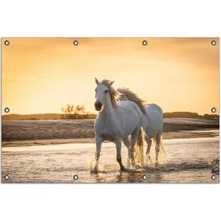Wallario Outdoor-Poster für Garten oder Balkon, Motiv Pferde im Abendlicht, in ca. 80 x 120 cm - Gelb