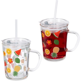 Relaxdays Kindergläser 2er Set, Früchte-Motiv, Trinkglas Kinder, Henkel, Deckel & Strohhalm, 400 ml Skala, transparent