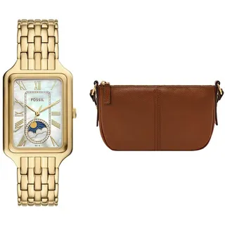 Fossil Damen Raquel Goldfarbene Edelstahl Uhr und Jolie Tasche Braun, Set
