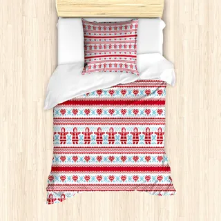 ABAKUHAUS nordisch Mantele, Weihnachten Inspired Ornament, Milbensicher Allergiker geeignet mit Kissenbezügen, 135 cm x 200 cm - 80 x 80 cm, Red Sky Blau Weiß