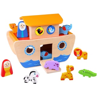 Tooky Toy 921 TKC304 Arche Noah Bunten Tieren Und Bauklötzen-18-Teiliges Holz-Spielzeug Für Kreative Rollenspiele Und Fördert Das Greif-Sowie Denkvermögen Ihres Kindes-Ca. 26 x 19 x 14 cm