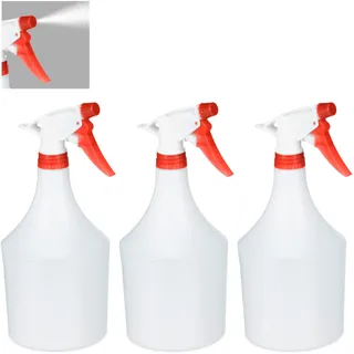 Relaxdays Sprühflasche Pflanzen, 3er Set, einstellbare Düse, 1 Liter, mit Skala, Kunststoff, Blumensprüher, weiß-rot, 3 Stück