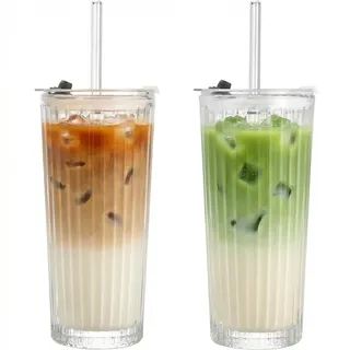 VITEVER 18oz Matcha Gläser mit Deckel und Strohhalm, 2er Set Auslaufsichere Eiskaffee Becher, Dickwandiges Glas für Smoothies und Säfte, Autobecherhalter Freundlich, Spülmaschinenfest