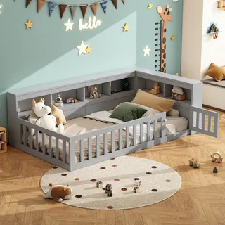Flieks Kinderbett Bodenbett 90x200cm mit USB und Tür, Einzelbett Holzbett Tagesbett Kinder mit Regal, Klassisches Kinderbett mit Rausfallschutz, Grau - Grau