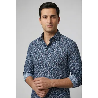Langarmhemd OLYMP "Luxor", Herren, Gr. 44, N-Gr, marine, Web, Obermaterial: 100% Baumwolle, normal, 2-Knopf-Manschette, Hemden Langarmhemd, Businesshemd, New-Kentkragen, floraler Print, modern fit