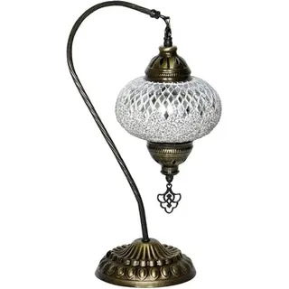 Turkische Tischlampe im Bogenmodell mit handgefertigtem Mosaik aus weißem Zikver, E14 LED, 42 cm hoch