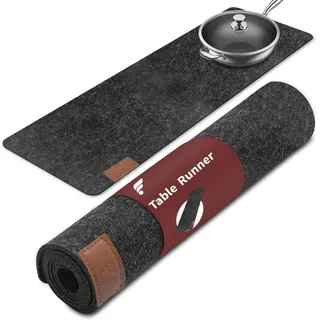 Tischläufer Filz, 150x40cm Moderne Tischläufer Abwaschbar, Skandinavischer Filzläufer Tisch mit Leder Label - Table Runner(Dunkelgrau)