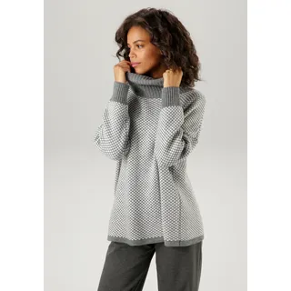 Strickpullover ANISTON CASUAL, Damen, Gr. 36, grau (grau, wollweiß), Strick, Obermaterial: 100% Polyacryl, Jacquardmuster, gemustert, gestreift, kariert, oversize hüftbedeckend, Rippstrickbündchen, Pullover Strickpullover, im Karo-Dessin mit Streifen-Optik