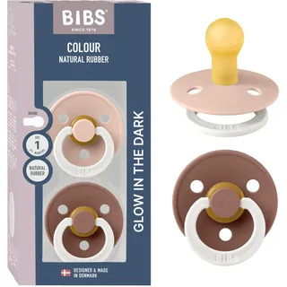 BIBS Colour Glow Schnuller 2er-Pack. BPA-frei. Leuchtet im Dunkeln. Kirschform Nippel. Naturkautschuk/Latex. Hergestellt in Dänemark. Größe 1 (0-6 Monate). Blush Glow/Woodchuck Glow