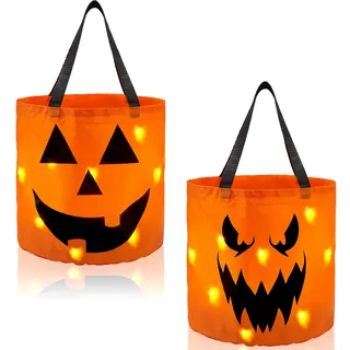 JOYIN 2 Stück Halloween-Süßes-oder-Saures-Tüten, 25,4 x 30 cm, LED-Licht, orangefarbene wiederverwendbare Süßigkeiten-Eimer für Kinder, Süßes oder Saures, Halloween-Geburtstagsparty-Geschenkzubehör