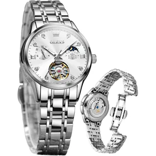 OLEVS Damenuhr Damen Automatik Mechanisch Skelett Luxus Diamant Elegant Edelstahl Wasserdicht Analog Armbanduhr Damen