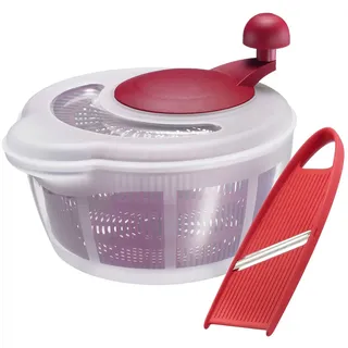 Westmark Salat-Set: 1 Salatschleuder, 5 Liter, + 1 Gemüsehobel, Kunststoff/Rostfreier Edelstahl, BPA-frei, Fortuna, Farbe: Transparent/Rot, 243222E9