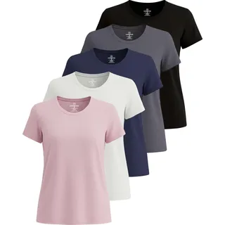 Real Essentials 5er-Pack: Kurzärmeliges Damen-T-Shirt, Workout-Top, Fitness, Pilates, Fitnessstudio, Sportbekleidung (Plus erhältlich)