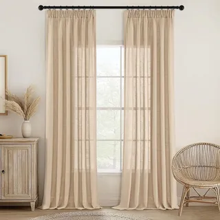 MIULEE Gardinen Vorhänge mit Kräuselband Voile Vorhang Modern Leinenoptik Halbtransparent für Wohnzimmer Schlafzimmer Schiebevorhang 2er Set Stores Beige 225x140 cm