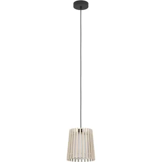 EGLO Hängelampe Fattoria, 1-flammige Pendelleuchte über Esstisch | Esszimmerlampe aus hellem Holz, Textil in Weiß und Metall in Schwarz, Hängeleuchte mit E27 Fassung, Ø 20 cm